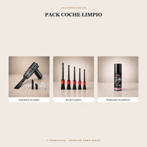 Pack Coche Limpio: aspiradora sin cables, set de 5 cepillos y restaurador de plásticos