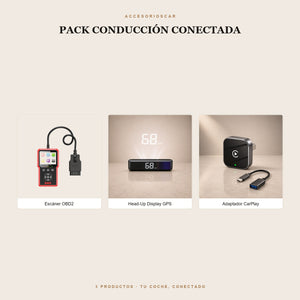 Pack Conducción Conectada: escáner OBD2, Head-Up Display GPS y adaptador CarPlay inalámbrico