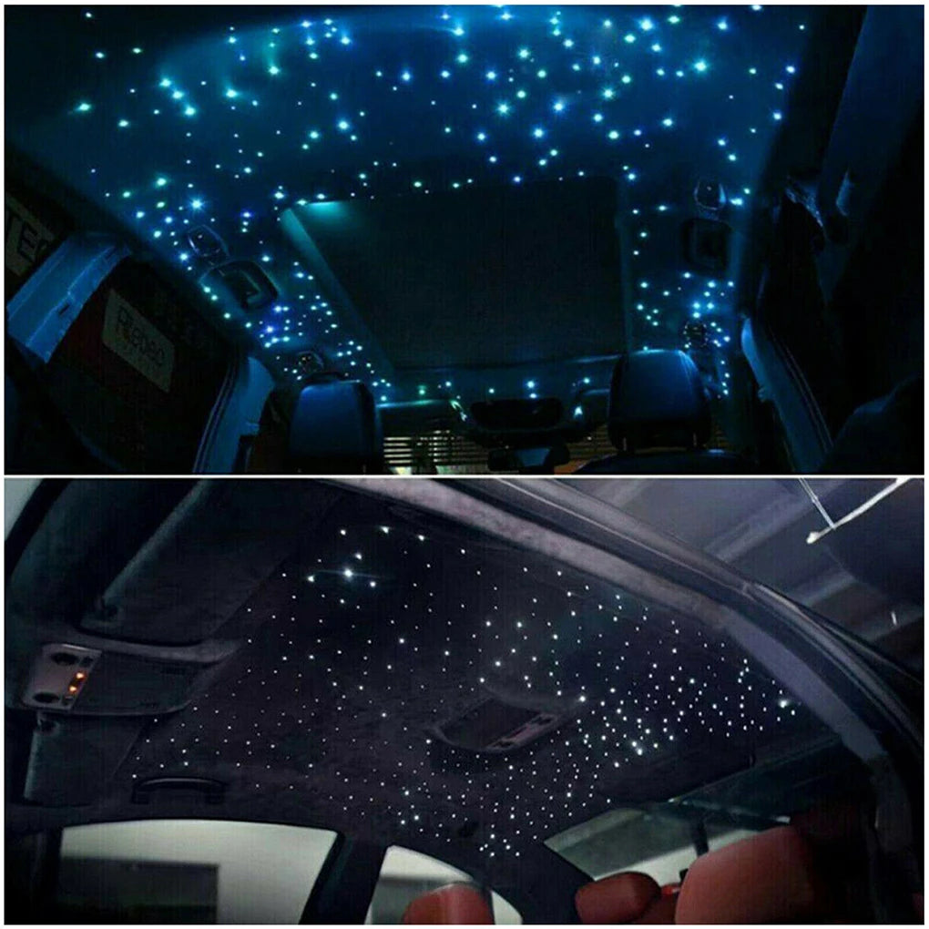 Techo de coche con cielo estrellado de fibra optica encendido en azul y blanco