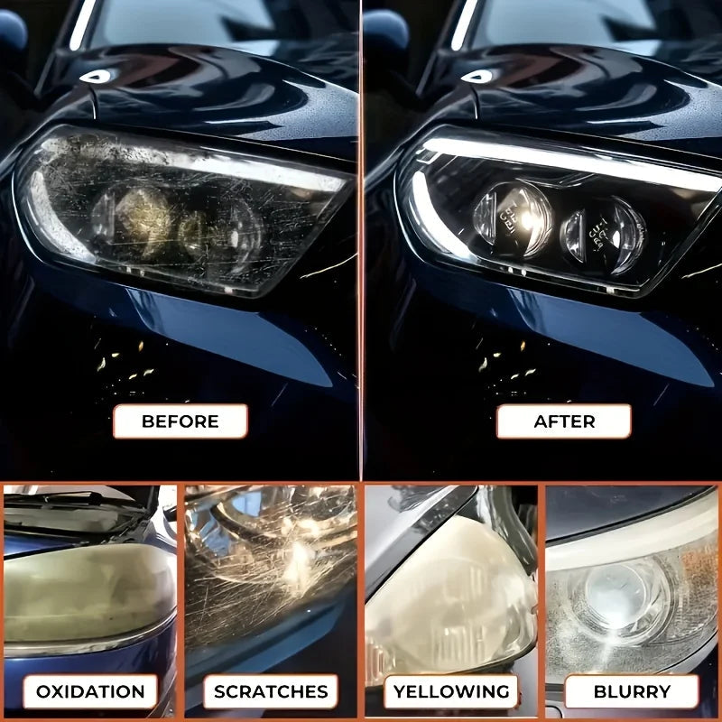Faro de coche antes y despues del restaurador incluido en el pack