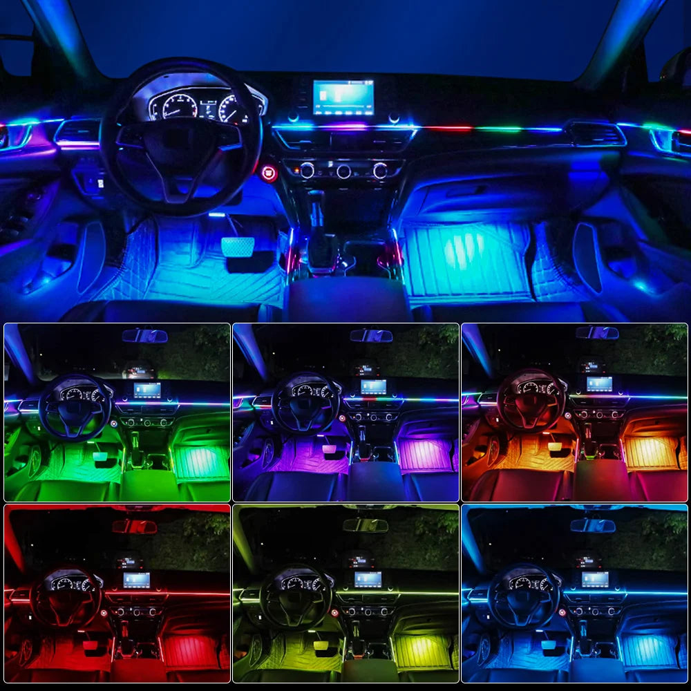 Interiores de coche iluminados con el kit de luces de ambiente RGB en distintos colores