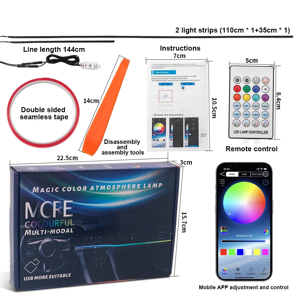 Tiras LED De Ambiente Para Interior De Coche RGB — Luces Con Control Por App Y Mando, Instalación USB
