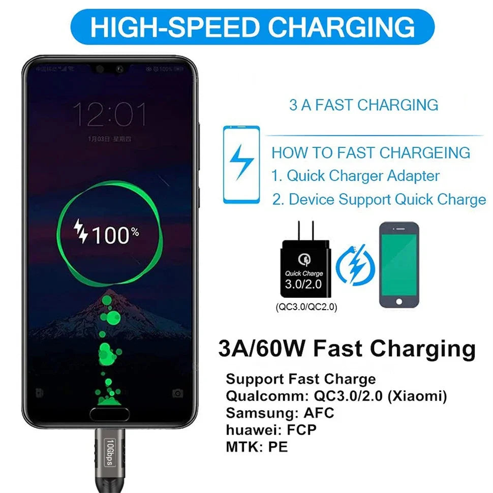 USB3.2 10Gbps USB a to USB C 3.2 Gen2 Type-C Cable Data Transfer 3A 60W QC 3.0 Fast Charging for Iphone Macbook SSD