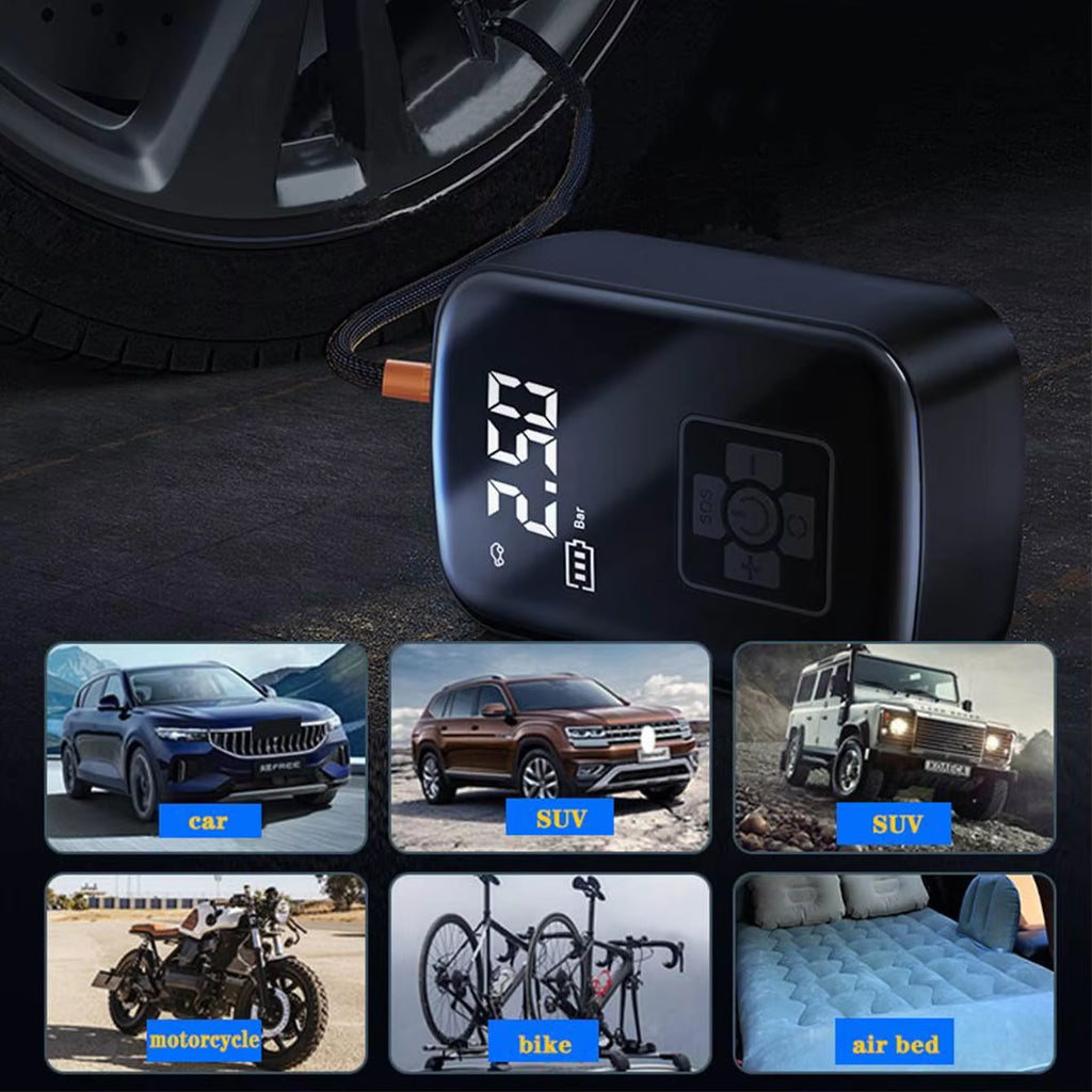 Inflador De Ruedas Portátil Inalámbrico 150 PSI — Mini Compresor De Aire Recargable Con Pantalla Digital Y Luz LED | Coche, Moto Y Bici