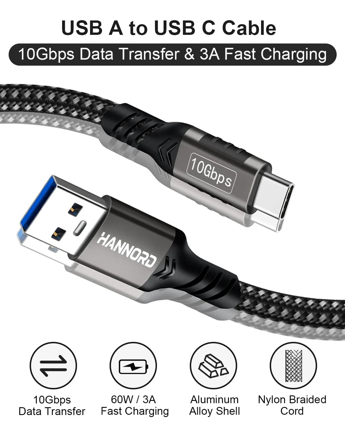 USB3.2 10Gbps USB a to USB C 3.2 Gen2 Type-C Cable Data Transfer 3A 60W QC 3.0 Fast Charging for Iphone Macbook SSD