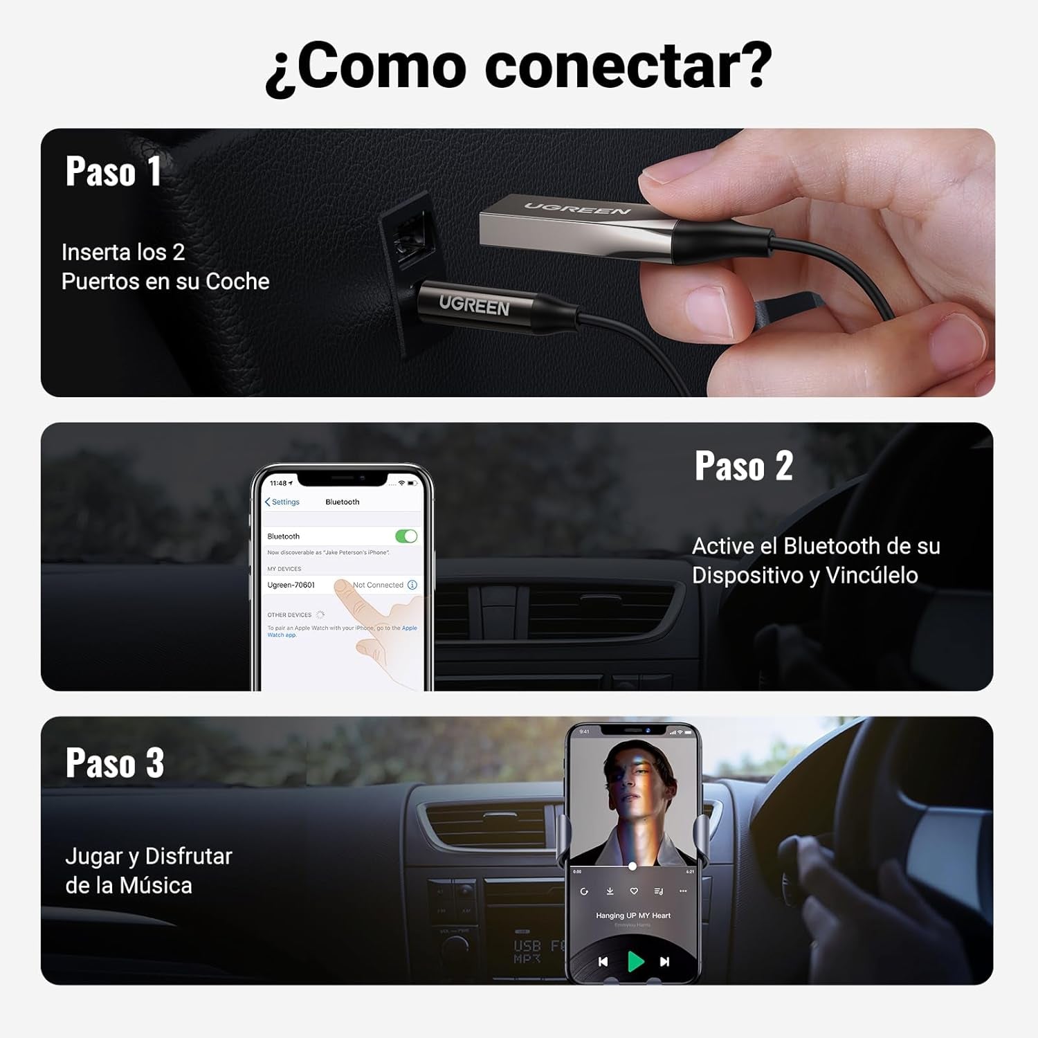 UGREEN Receptor Bluetooth 6.0 Jack AUX Adaptador USB Bluetooth Coche Gris | Aux Auxiliar Conector Audio Coche Manos Libres Para Estéreo Domestico Altavoz Auriculares