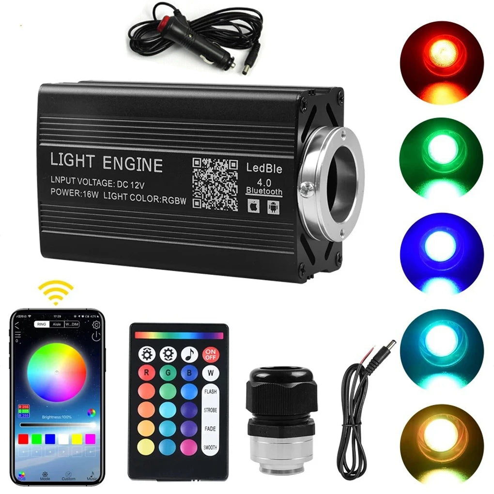 Contenido del kit: generador LED RGBW de 16W, mando, fibra optica y cable de mechero 12V