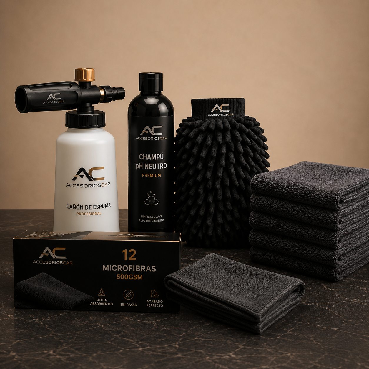 PACK Detailing Esencial — Cañón de Espuma + Champú pH Neutro + Manopla + 12 Microfibras 500GSM