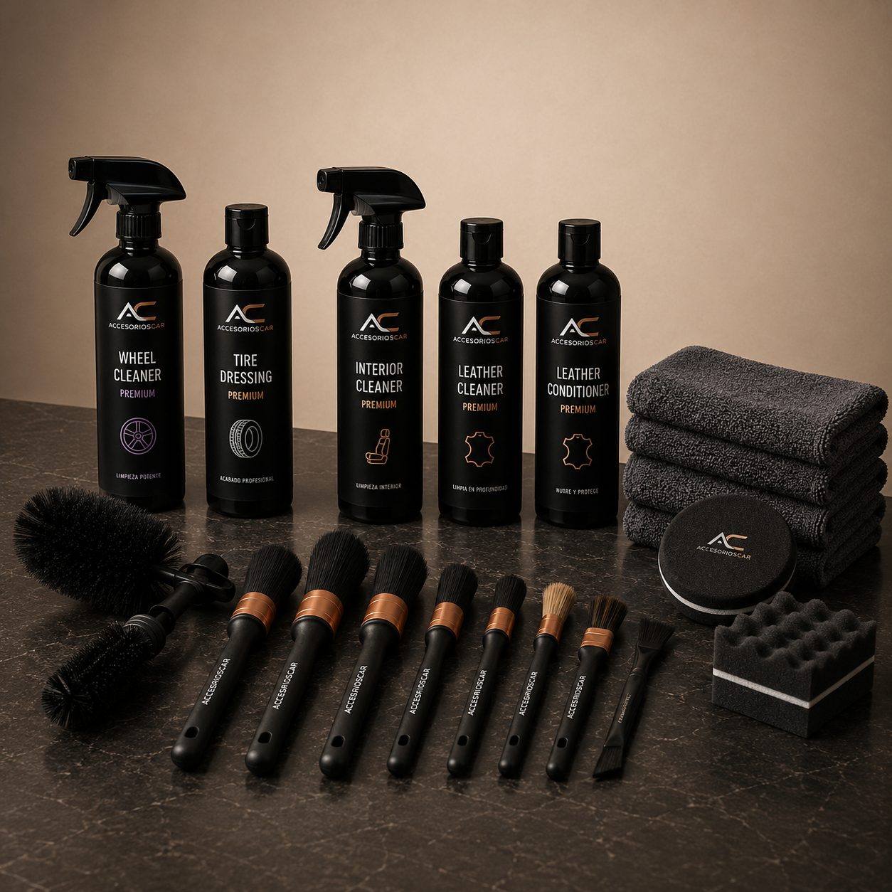 PACK Detailing Avanzado — Esencial + Kit Llantas Pro + Kit Cuidado del Cuero + Set 8 Cepillos