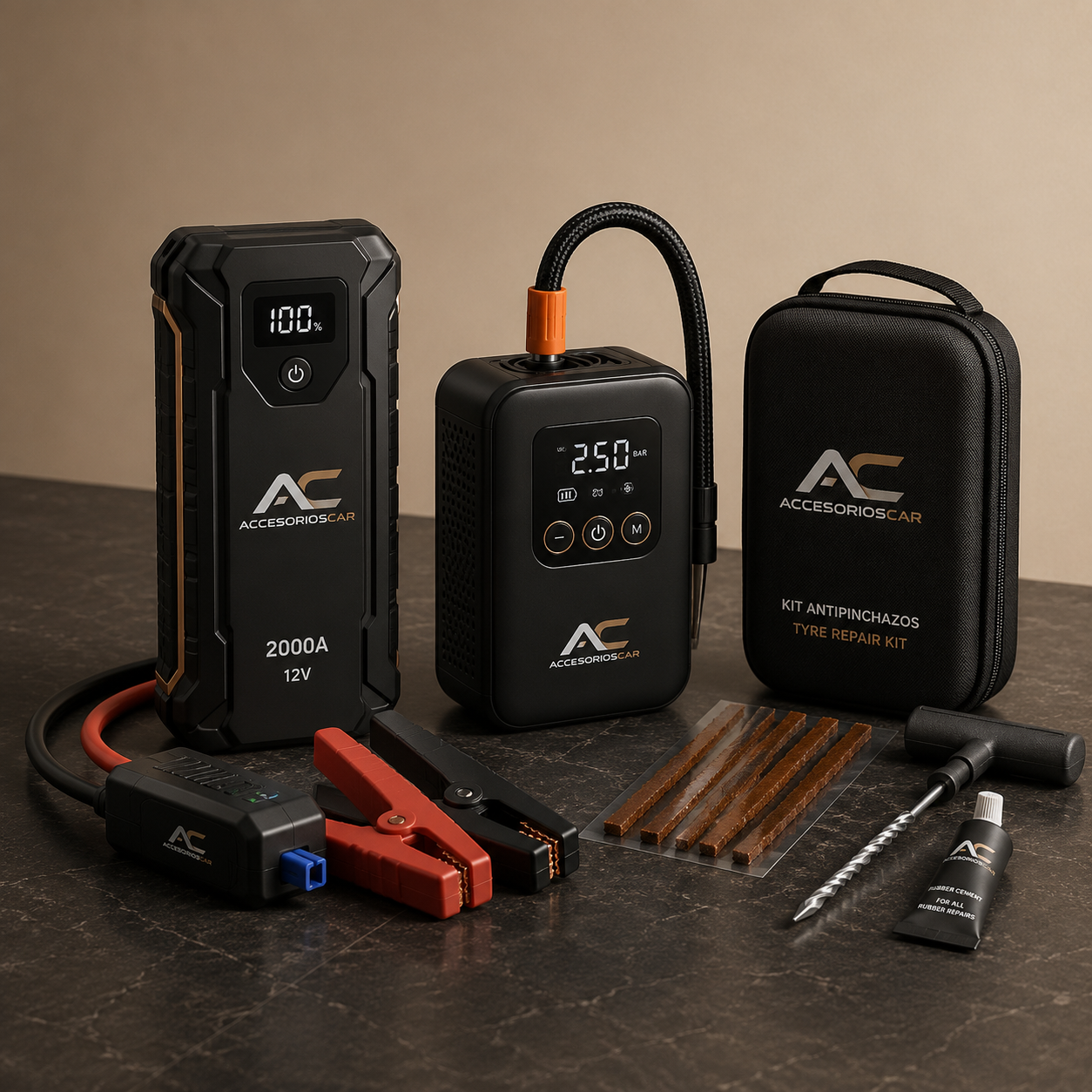 PACK Viaje Seguro — Arrancador 2000A + Inflador 150 PSI + Kit Antipinchazos