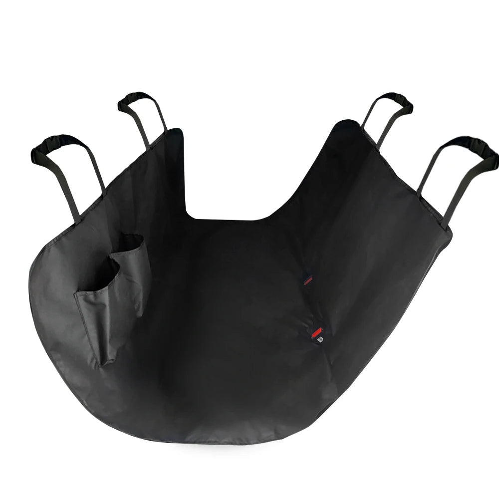 Funda extendida con sus cuatro correas y el bolsillo lateral