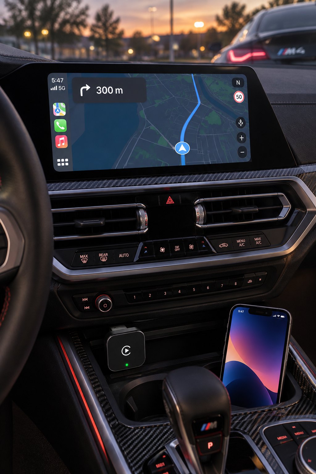 Adaptador CarPlay inalámbrico enchufado en un BMW M4 con el mapa en pantalla y el móvil sin cable