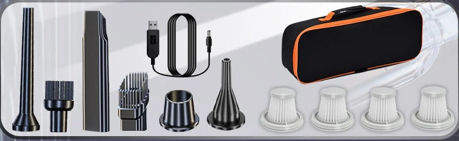 Accesorios incluidos: boquillas, cepillo, cable USB, bolsa de transporte y filtros