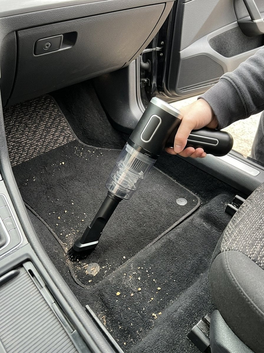 Aspiradora de coche sin cables limpiando la alfombra de un VW Golf