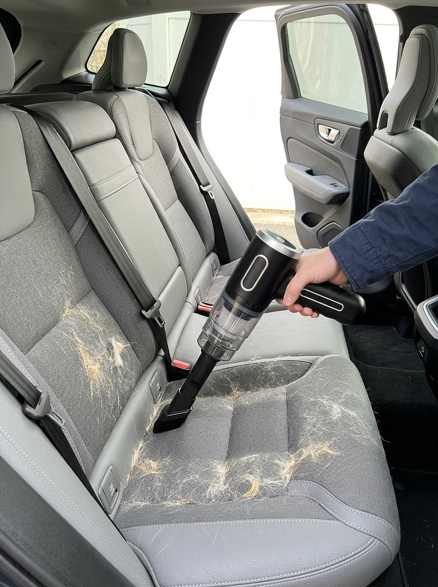 Aspiradora sin cables quitando pelos de perro del asiento trasero