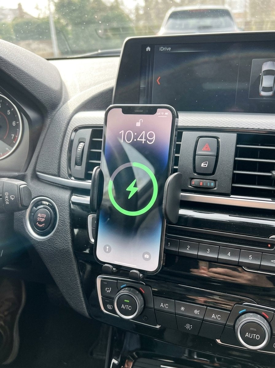 Cargador inalámbrico de coche cargando el móvil en la rejilla