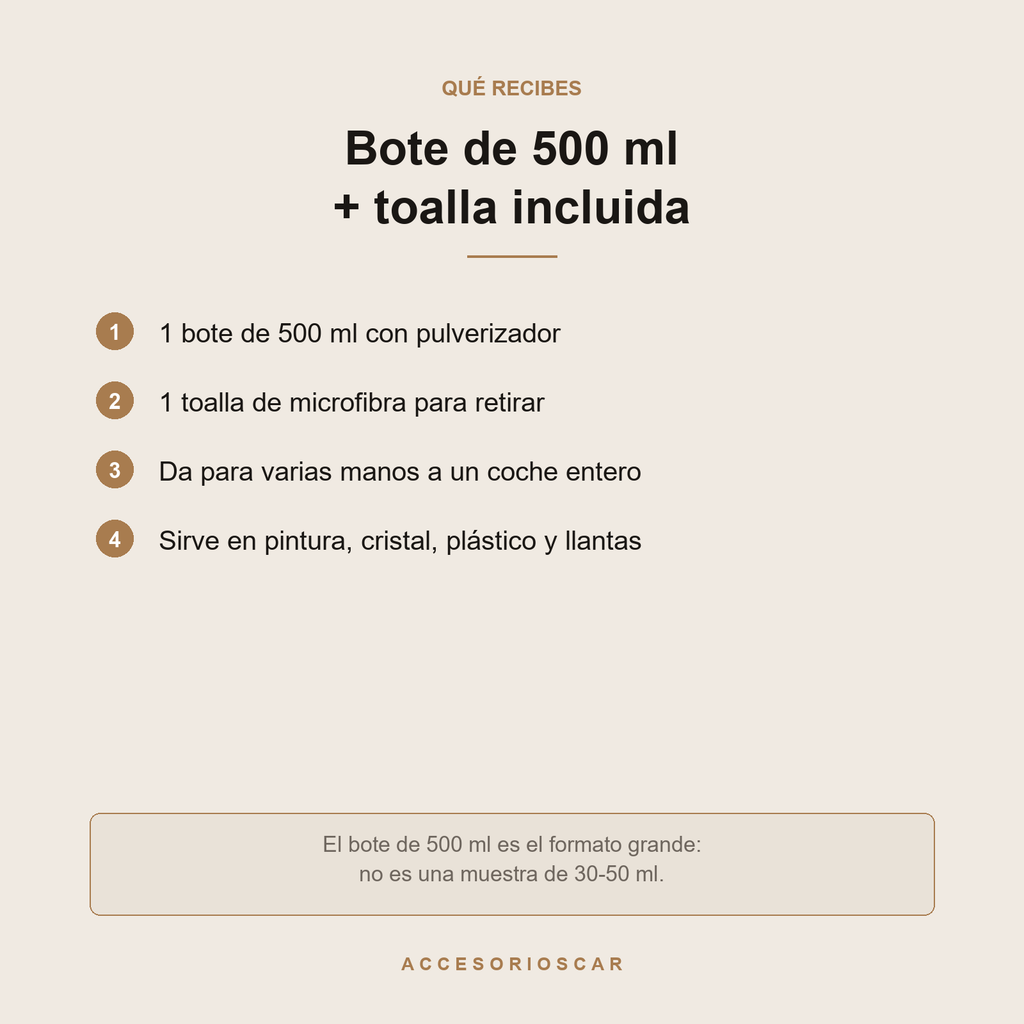 Qué incluye: bote de 500 ml con pulverizador y toalla de microfibra