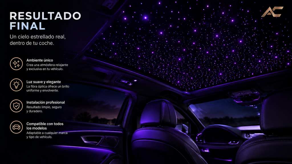 Techo de coche con cielo estrellado de fibra óptica encendido en morado