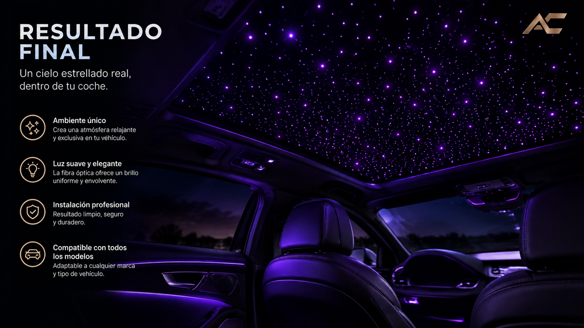 Techo de coche con cielo estrellado de fibra óptica encendido en morado