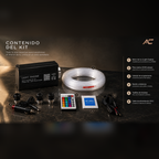 Contenido del kit de cielo estrellado: motor de luz, fibra óptica, conectores, mando y cable de 12 V