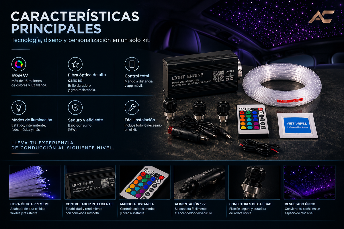 Características del kit de cielo estrellado: RGBW, control por app y mando, bajo consumo