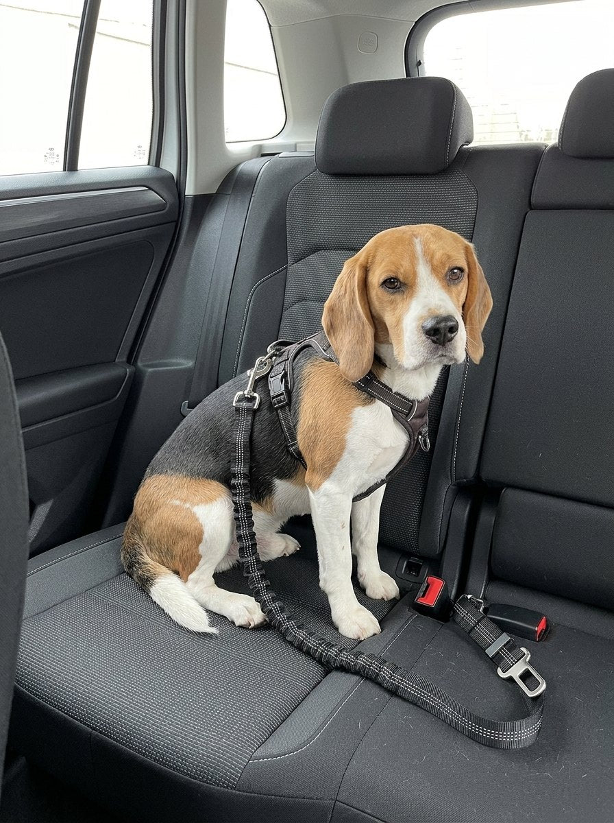 Beagle sujeto con el cinturón de seguridad para perro