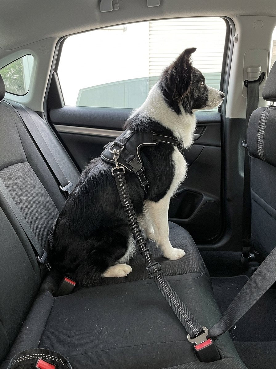 Border collie viajando seguro con el cinturón