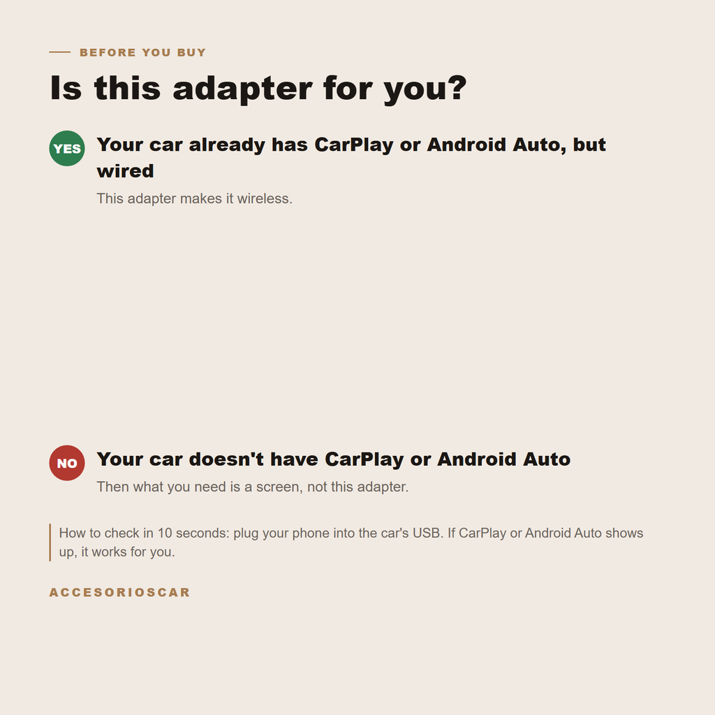 Is this adapter for you: yes if your car already has wired CarPlay, no if it doesn't