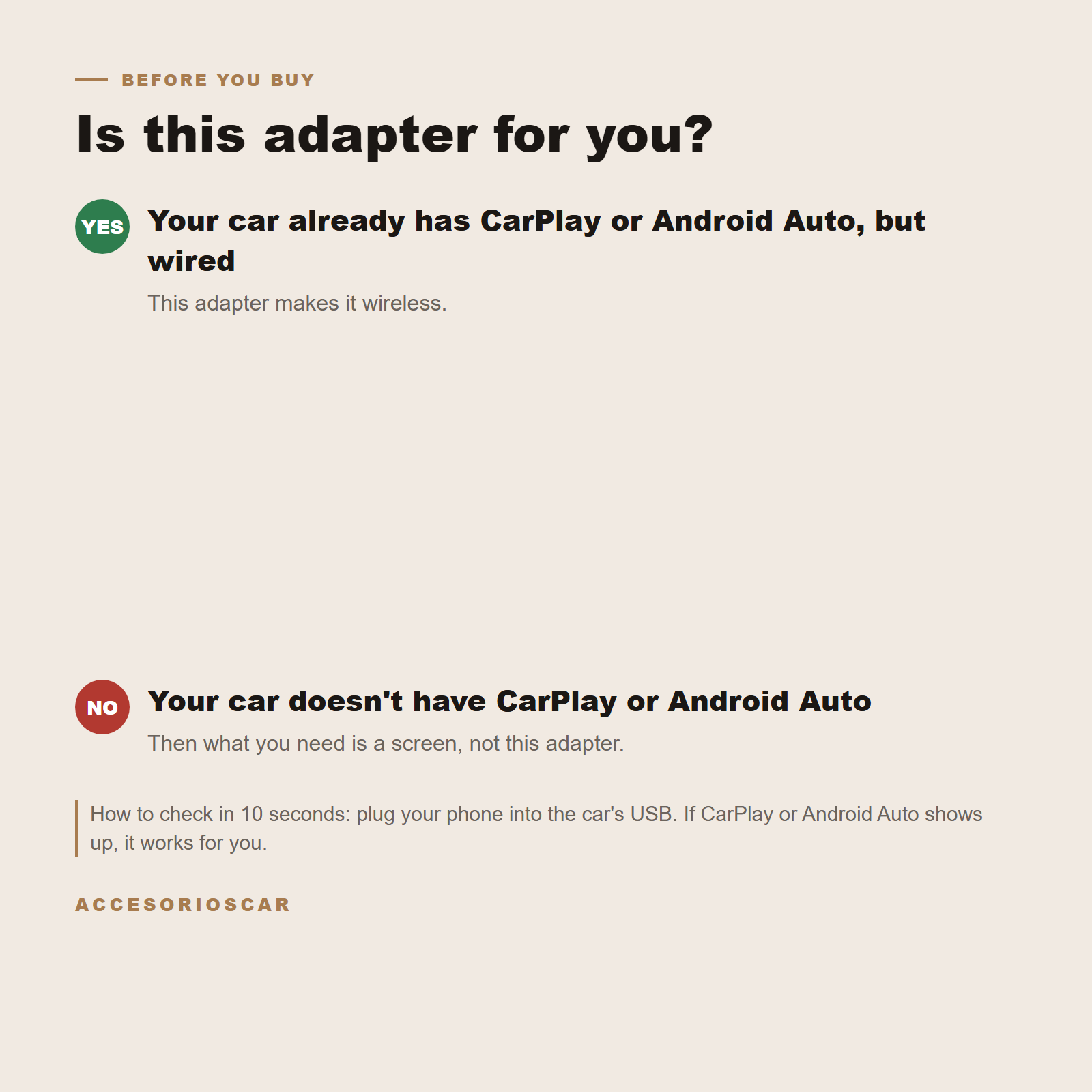 Is this adapter for you: yes if your car already has wired CarPlay, no if it doesn't