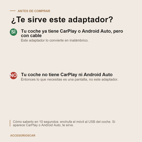 Te sirve este adaptador: si tu coche ya tiene CarPlay con cable, si no lo tiene necesitas una pantalla