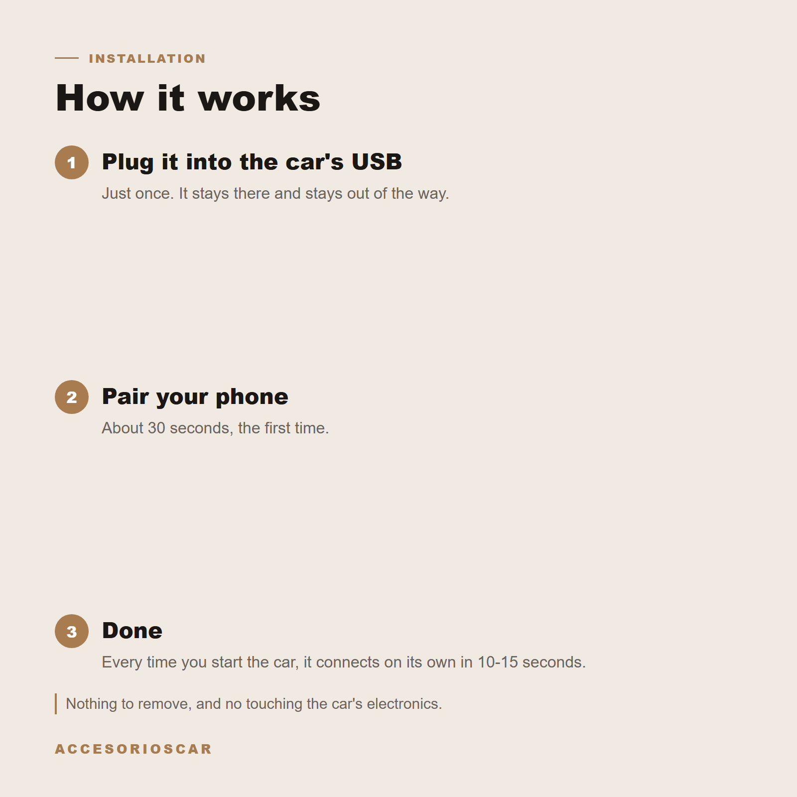 How it works in 3 steps: plug into USB, pair your phone, automatic connection on start