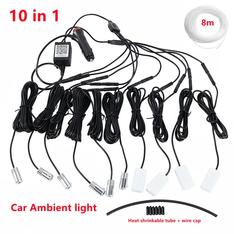 Universal 10 in 1 RGB LED 8M Car Interior Ambient Decor Fiber Optical Strip Light by App Control Car Decorative Atmosphere Lamps