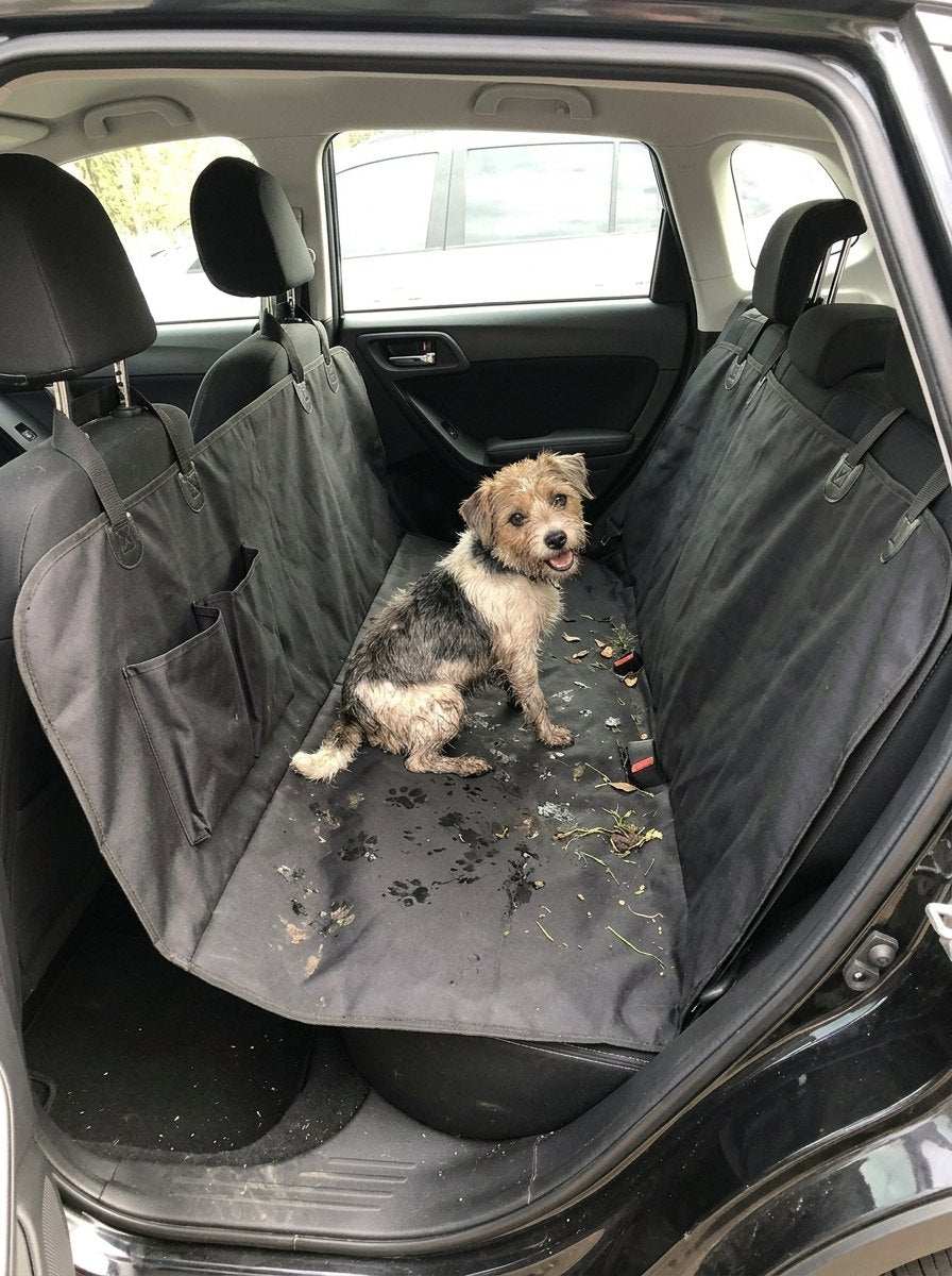Funda para perros protegiendo el asiento del barro