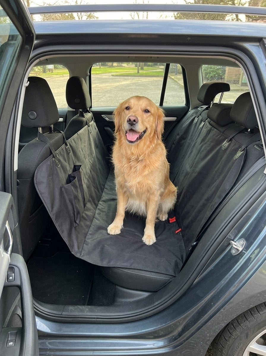 Golden retriever sobre la funda impermeable del asiento trasero