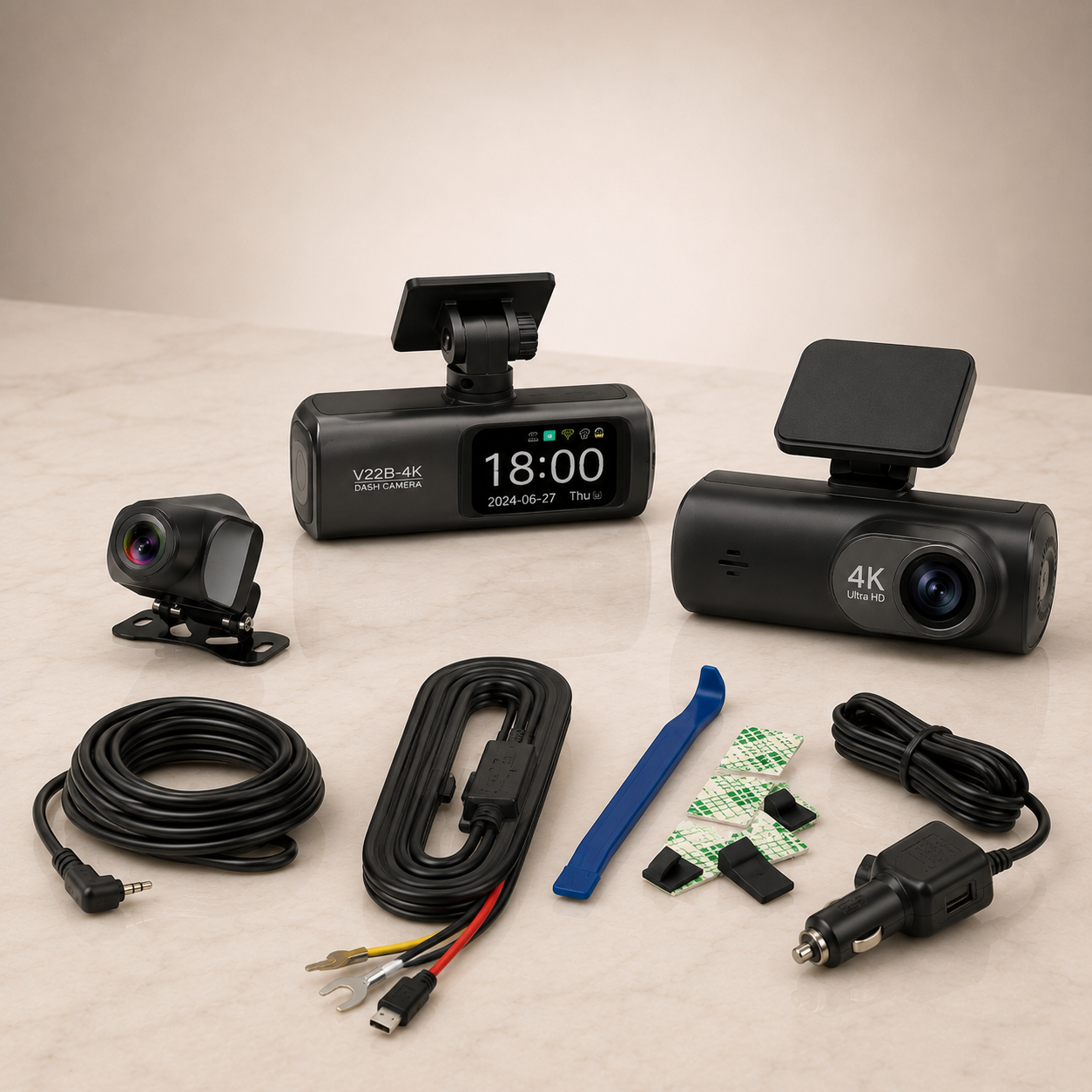 Dashcam 4K doble lente con accesorios sobre mármol claro