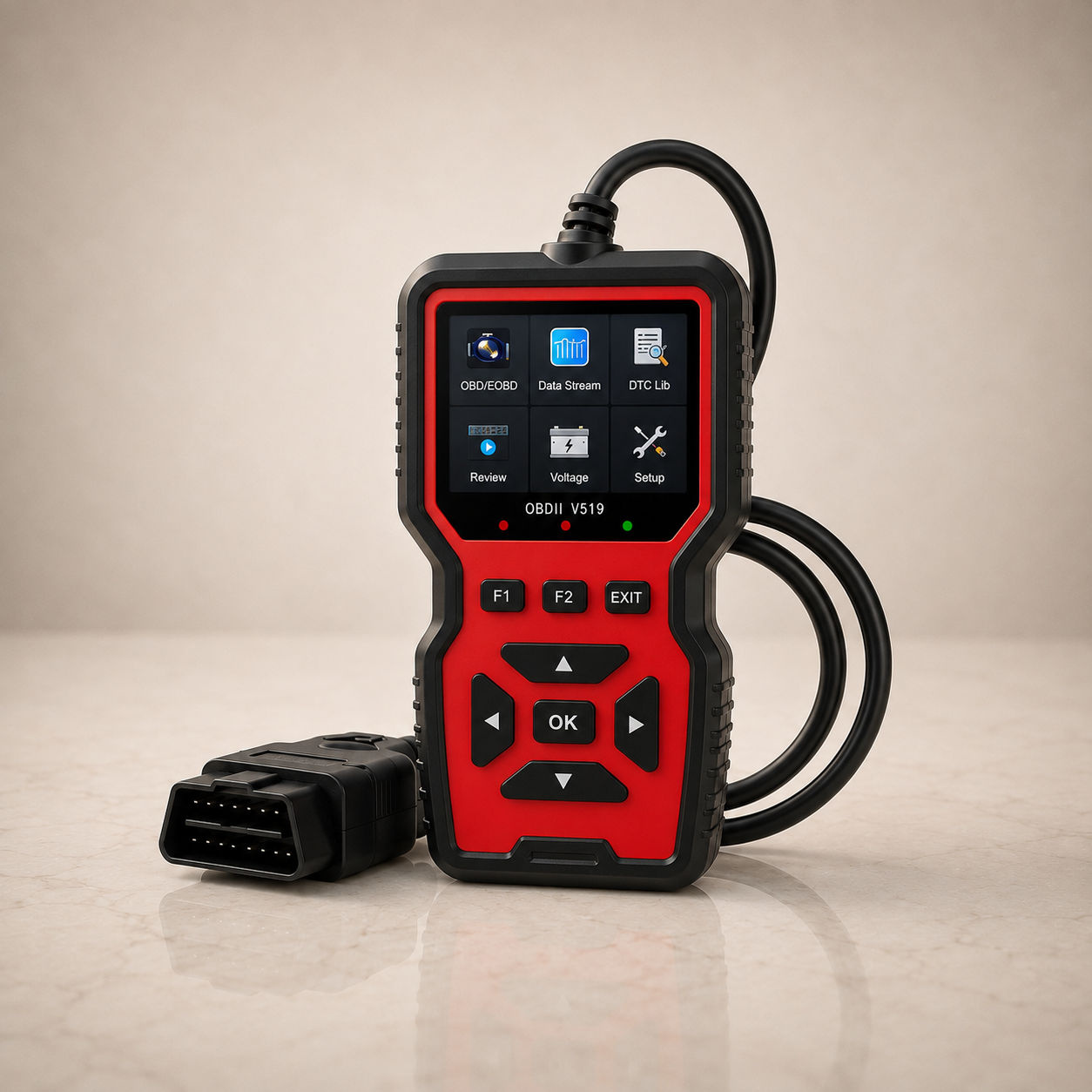 Escáner OBD2 con pantalla a color sobre mármol claro
