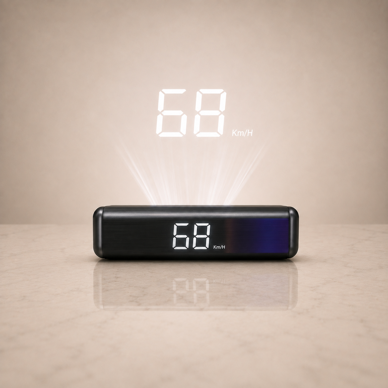 Head-Up Display GPS proyectando la velocidad sobre mármol claro