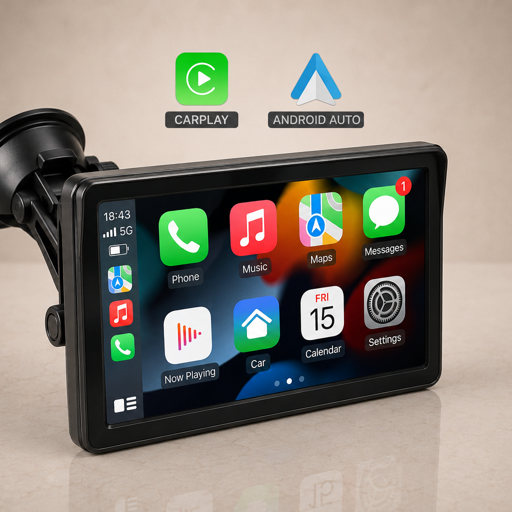 Pantalla portátil 7 pulgadas con CarPlay y Android Auto sobre mármol claro