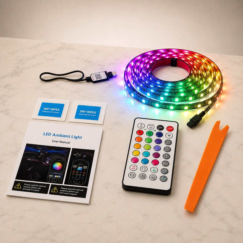 Tiras LED de ambiente RGB para interior de coche con mando y accesorios sobre mármol claro