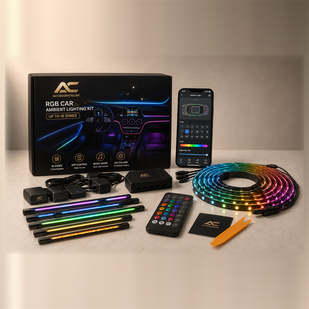 Kit completo de luces de ambiente RGB Accesorioscar: caja, centralitas, tiras de fibra, mando, app y herramienta de montaje