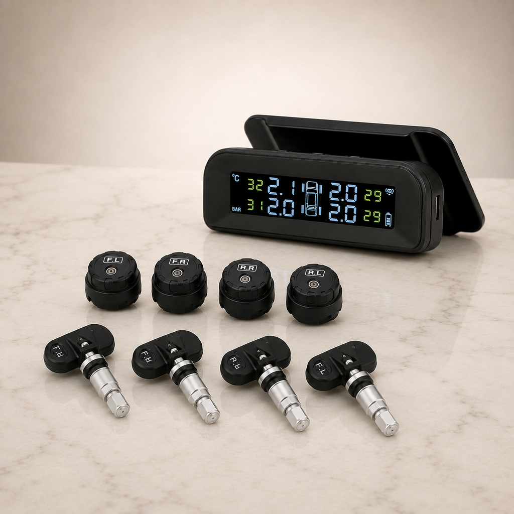 Sensor de presión de neumáticos TPMS solar con monitor LCD y sensores sobre mármol claro