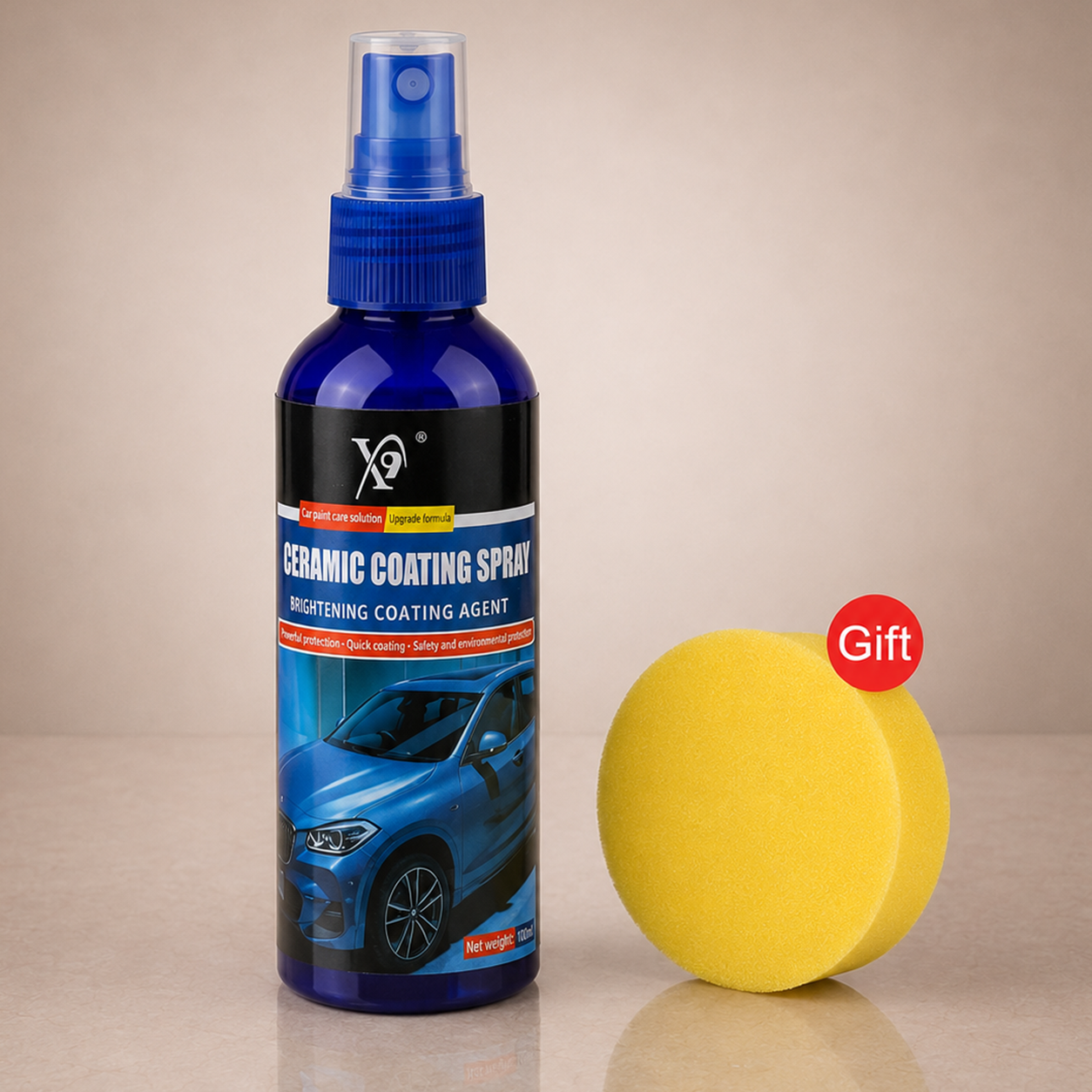 Tratamiento cerámico para coche 100 ml con esponja aplicadora de regalo sobre mármol claro