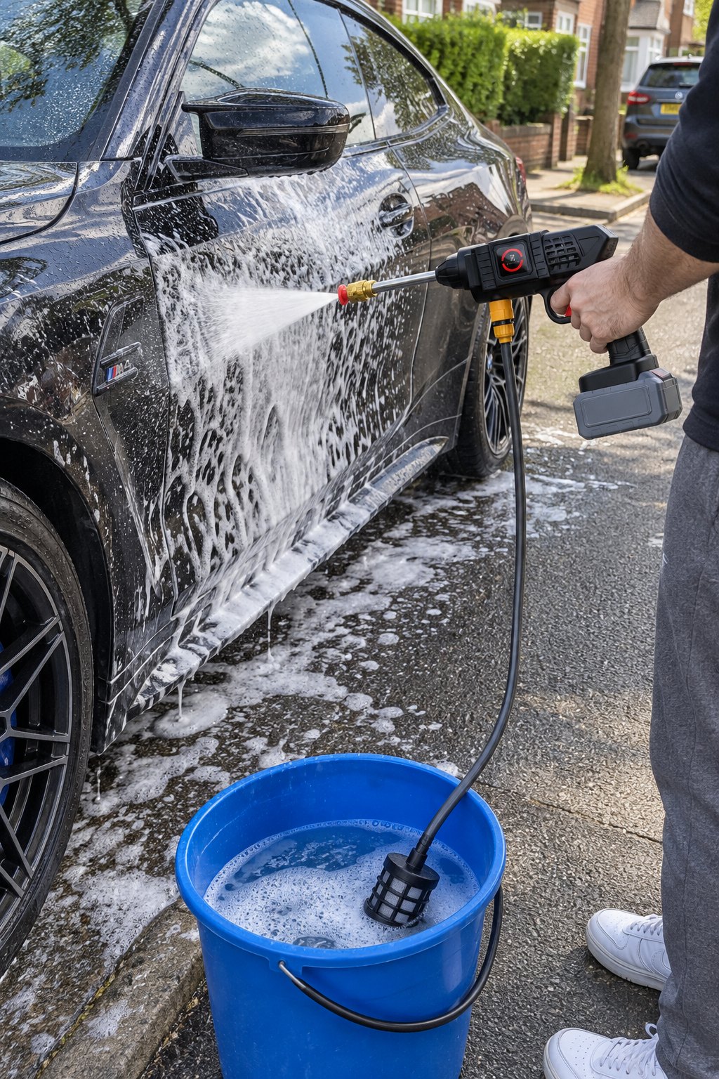 Hidrolimpiadora sin enchufe tomando agua de un cubo junto al coche