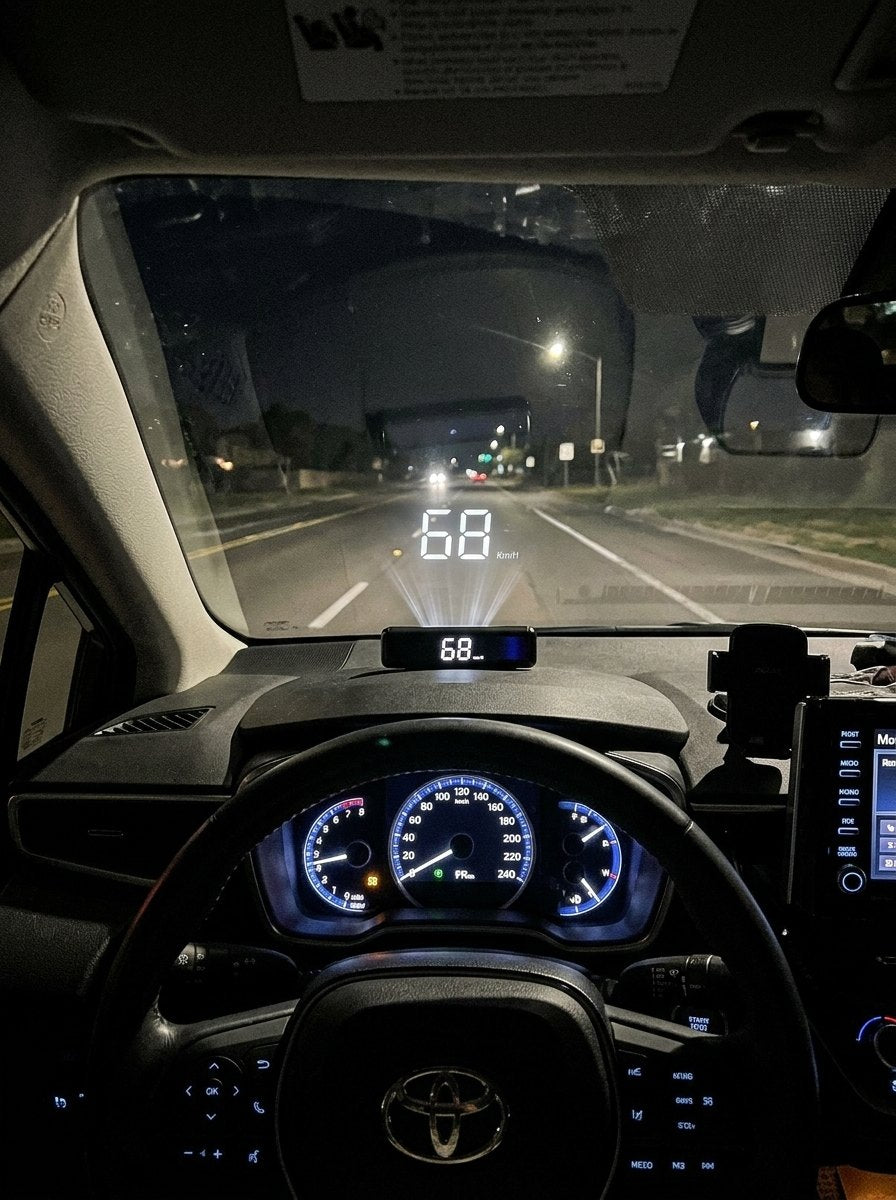 Head-up display proyectando la velocidad en el parabrisas de noche