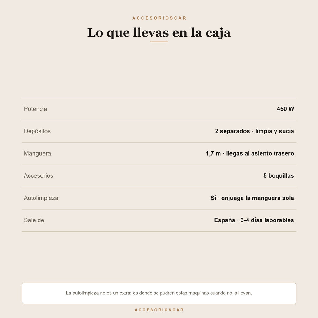 Ficha técnica: 450 W, dos depósitos separados, manguera de 1,7 m, 5 boquillas, autolimpieza y envío desde España