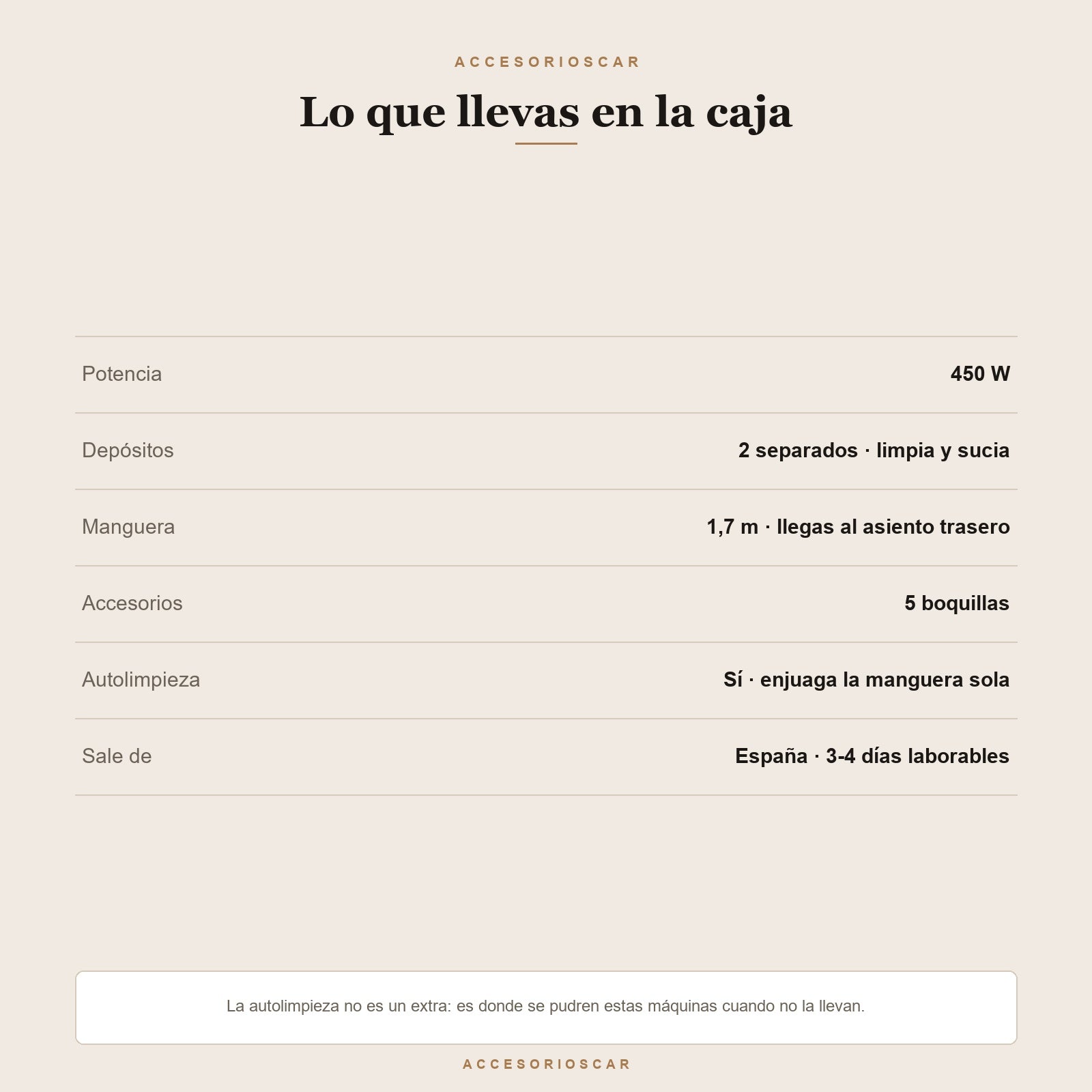 Ficha técnica: 450 W, dos depósitos separados, manguera de 1,7 m, 5 boquillas, autolimpieza y envío desde España