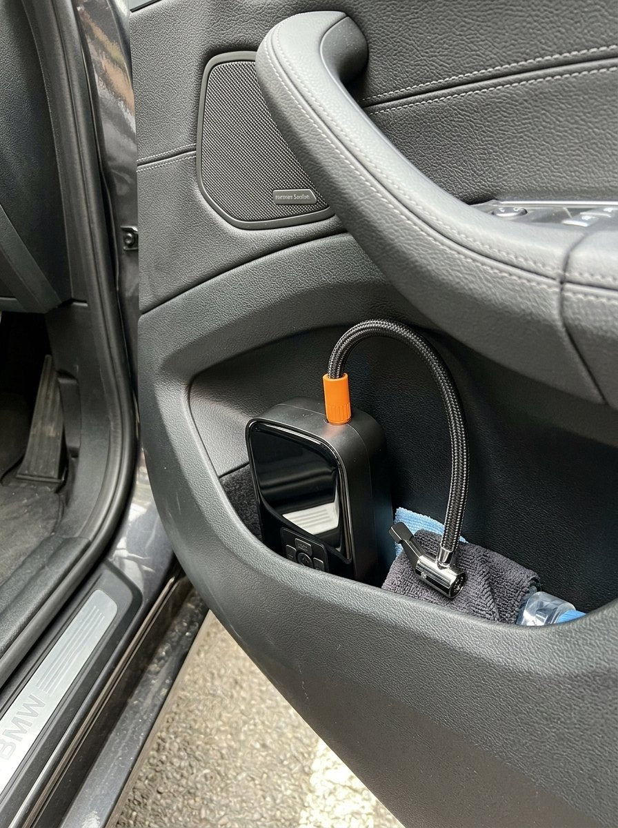 Inflador guardado en el bolsillo de la puerta