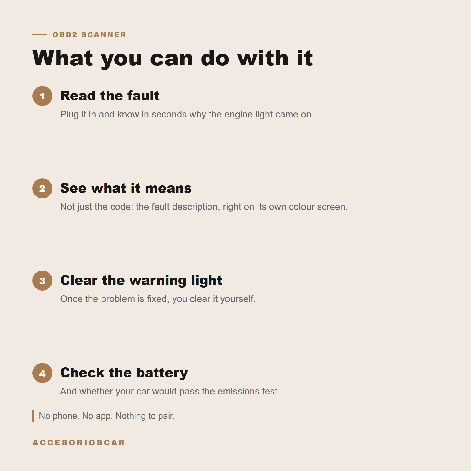 What you can do with the OBD2 scanner: read the fault, see what it means, clear the warning light and check the battery