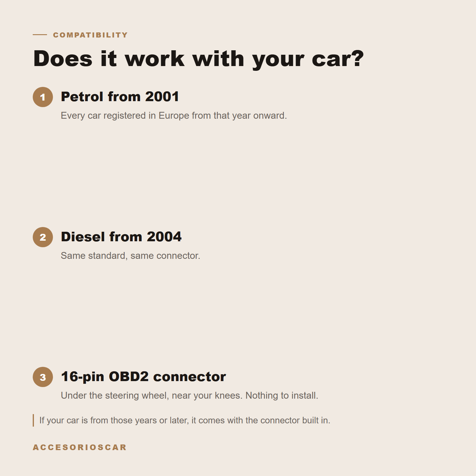 Compatibility: petrol from 2001, diesel from 2004, 16-pin OBD2 connector