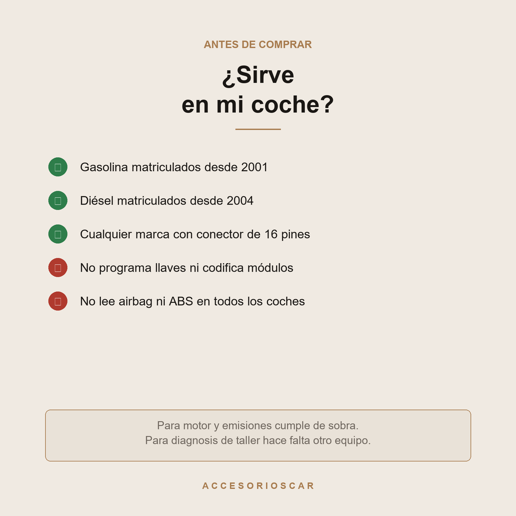 Compatibilidad: gasolina desde 2001 y diésel desde 2004 con conector de 16 pines